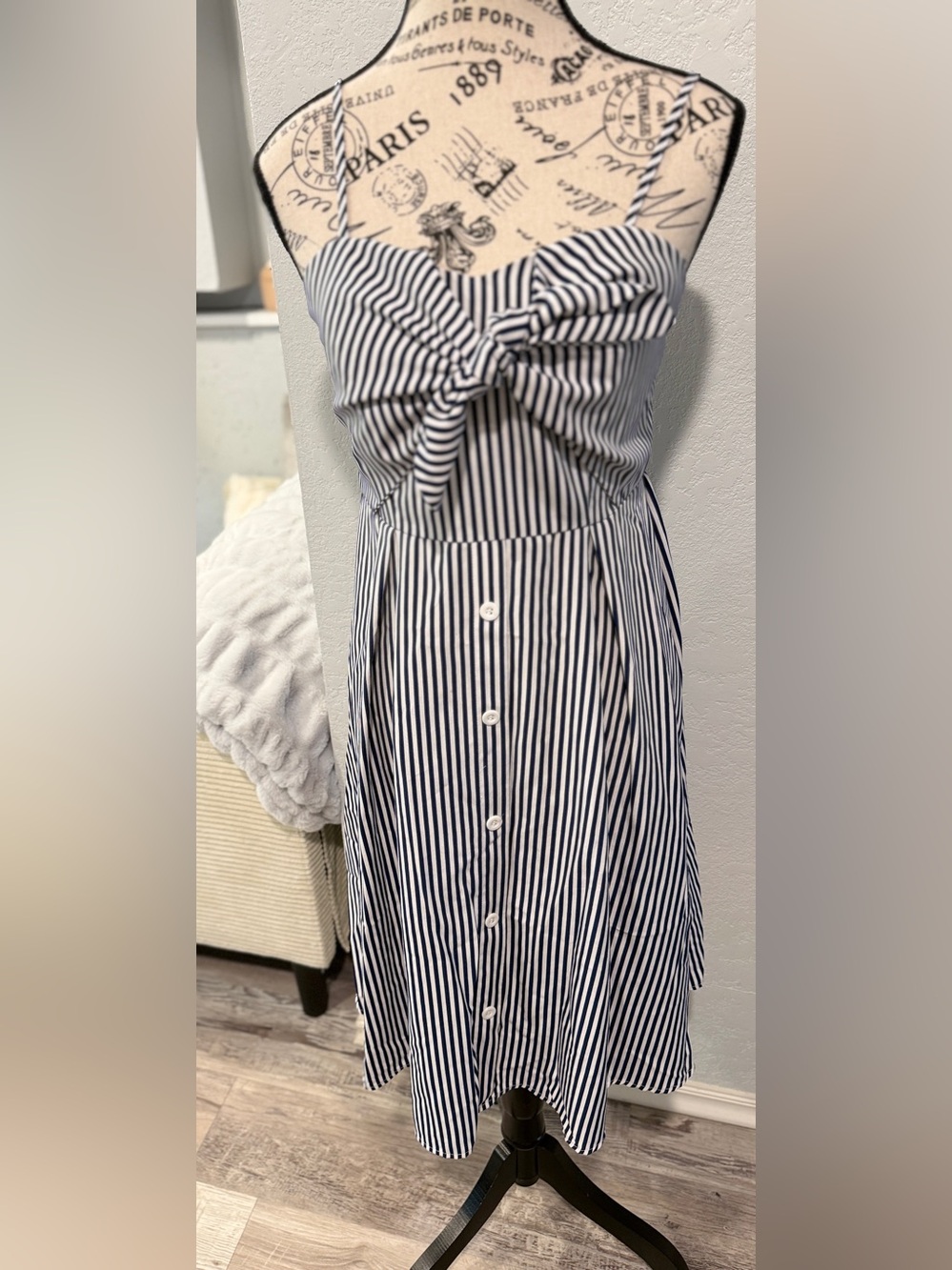 Maacie Maternity Dress-Medium Blue White Stripe Bow Front Midi - Picture 4 of 7